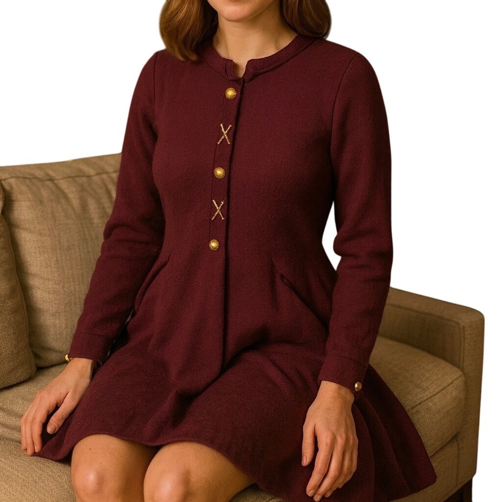 Vintage Adolfo Saks Fifth Avenue Burgundy Knit Dress Gold Button Chain‎